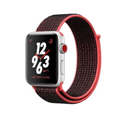 APPLE Watch Series 3 Nike+ Smart Watch - Wrist Wearable - Silver Aluminum Case - Black, Bright Crimson Band - Aluminium Case - Cellular Phone Capability
