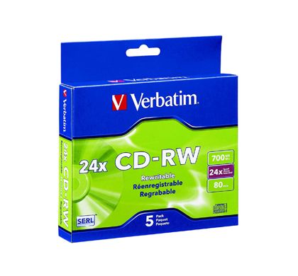 VERBATIM 95158 CD Rewritable Media - CD-RW - 24x - 700 MB - 5 Pack Slim Case